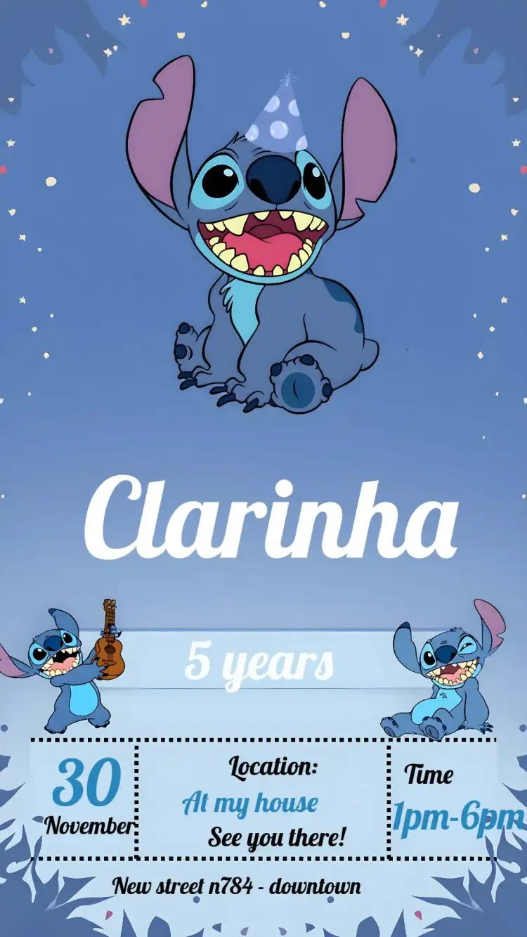 Invitation Stitch – Kids' Birthday Party theme tropical, colorful, fun, illustrative, childlike