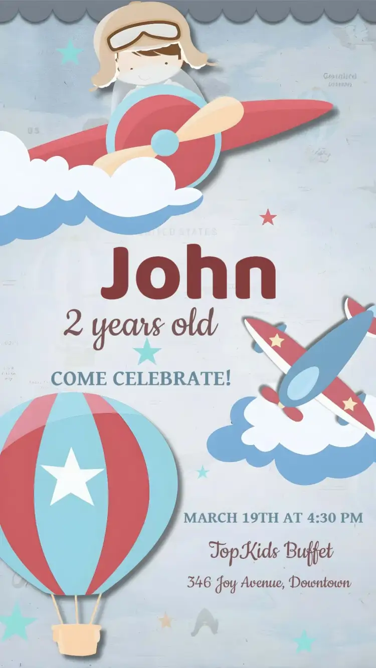 Invitation First Aviator World Tour – First Communion theme aviator, colorful, childish, playful, modern