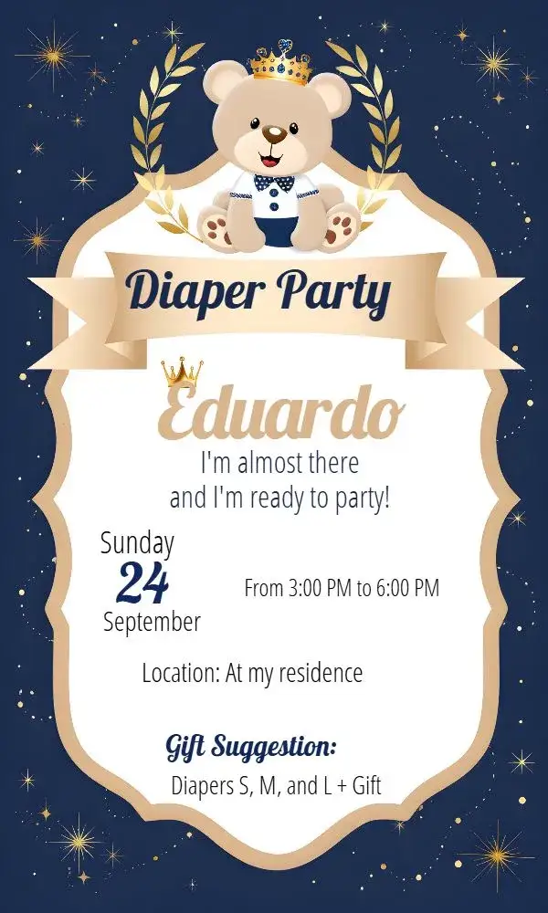 Invitation Baby Shower Little Prince Teddy Bear Royalty – Diaper Shower theme golden, royalty, childish, charming, elegant, cute