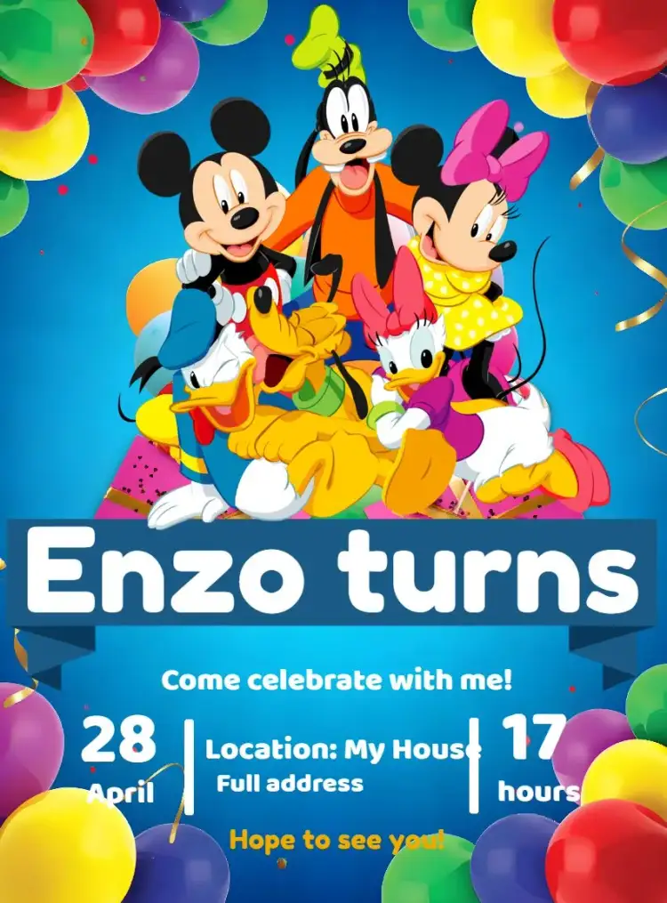 Invitation Blue Mickey Gang – Kids' Birthday Party theme blue, white, playful, fun, childlike