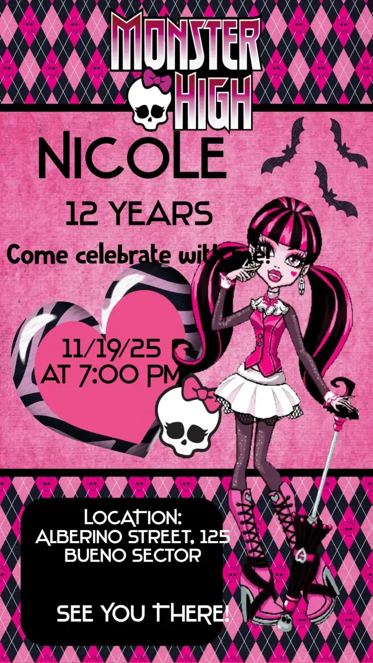 Invitation Monster High – Birthday theme monsters, fun-filled, colorful, themed, pop art