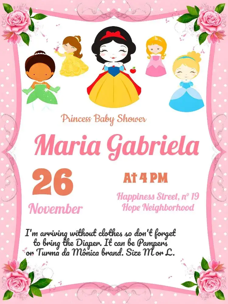 Invitation Disney Princesses Orange Diaper Shower – Diaper Shower theme aquarela, floral, moderno, colorido, temático, infantil