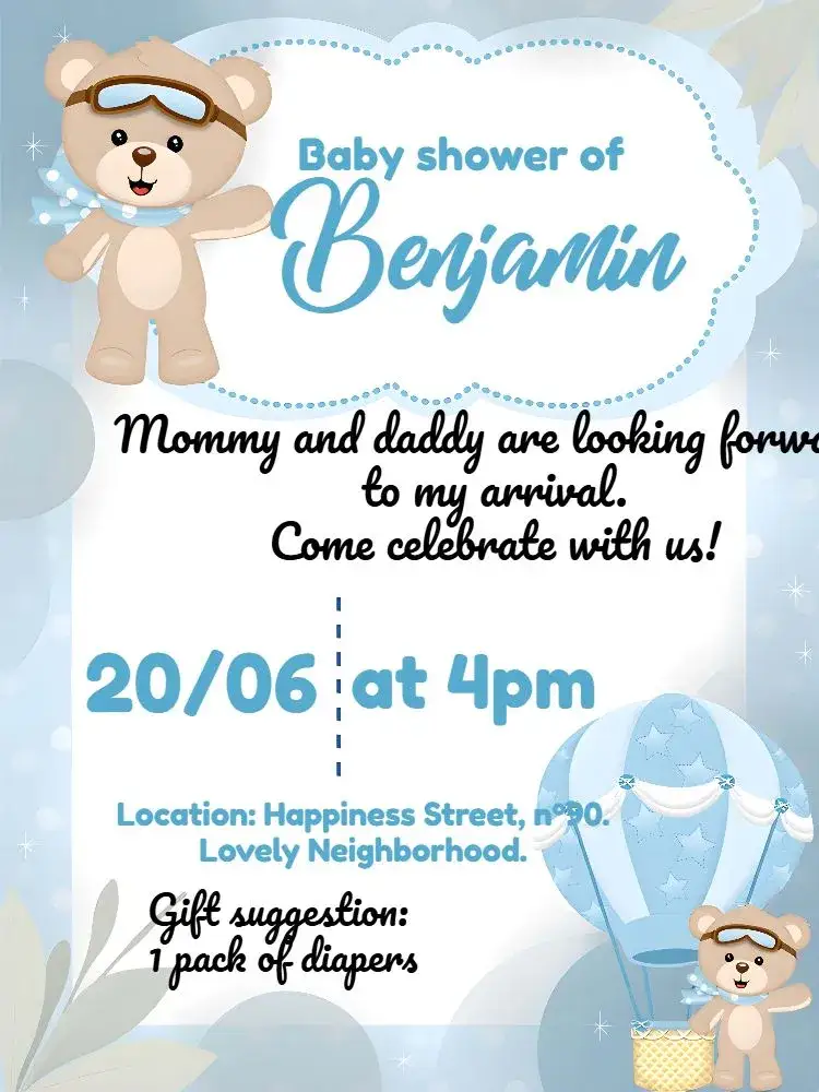 Invitation Baby Shower White Balloon Bear – Diaper Shower theme blue, white, playful, childlike, festive, soft