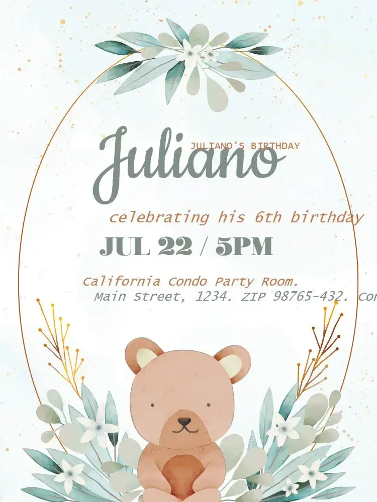 Invitation Male Floral Bear – Kids' Birthday Party theme floral, watercolor, masculine, light green, golden, playful