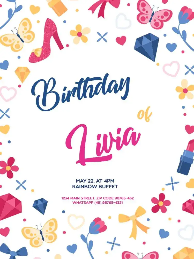 Invitation Delicate Playful – Kids' Birthday Party theme colorful, playful, feminine, floral, whimsical