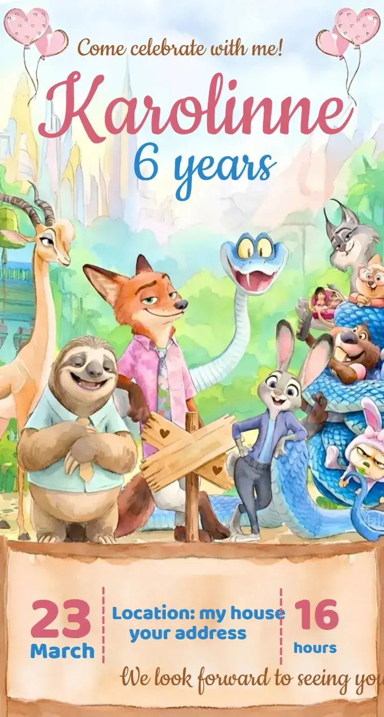 Invitation Zootopia 1 – Birthday theme colorful, playful, fun, modern, childlike