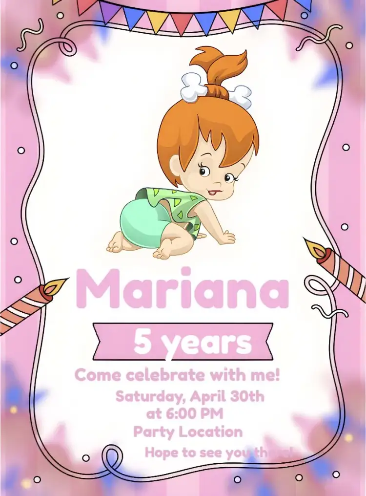 Invitation Pedrita Flinstones Age – Kids' Birthday Party theme colorful, fun, prehistoric, childish, pink, cartoon characters