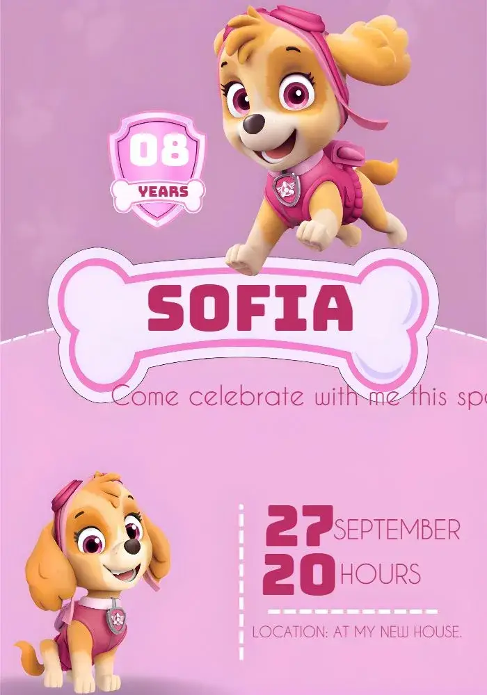 Paw Patrol Pink Skye invitation