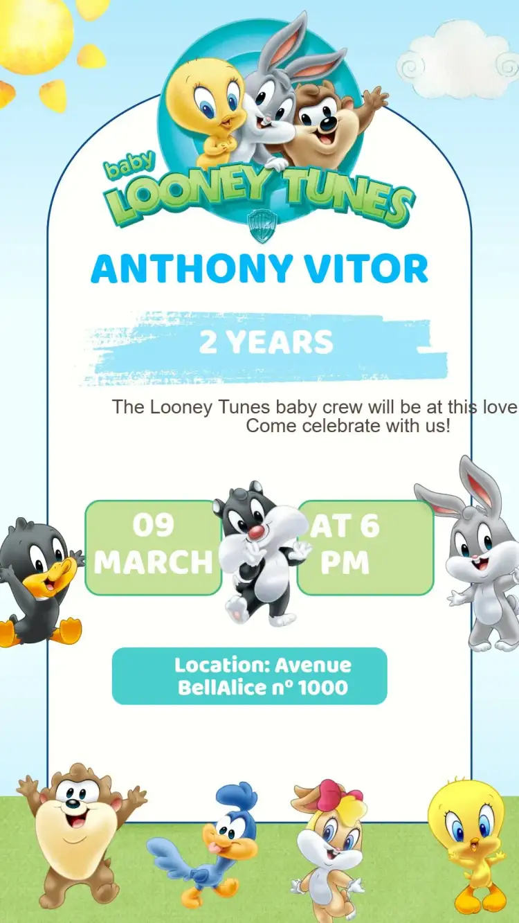 Invitation Baby Looney Tunes Birthday Invitation – Kids' Birthday Party theme colorful, fun-filled, childish, lively, themed, vivid