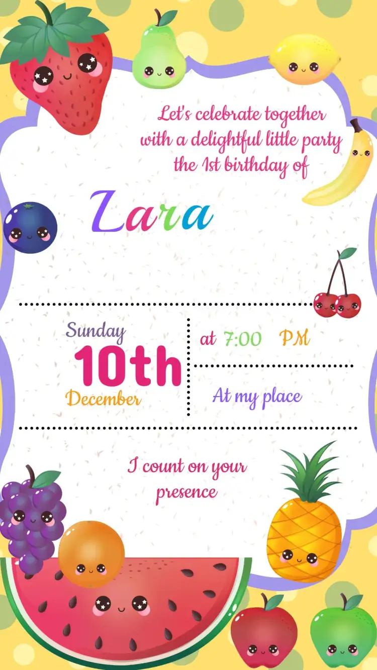 Invitation Birthday Invitation Fruits – Kids' Birthday Party theme colorful, fun, fruity, tropical, animated illustrations