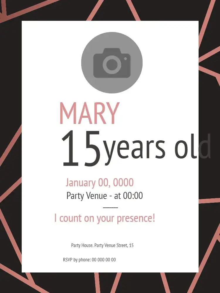 Invitation Customized 15th Birthday – Birthday theme modern, elegant, pink and black, minimalist, sophisticated
