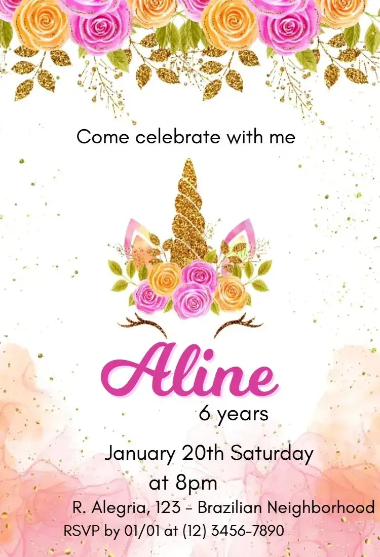 Unicorn with Flowers and Glitter invitation