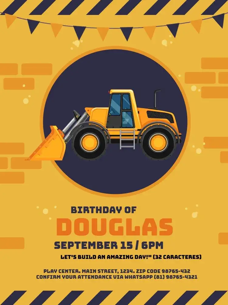 Invitation Clear Tractor – Kids' Birthday Party theme yellow, playful, construction, cheerful, childlike, thematic