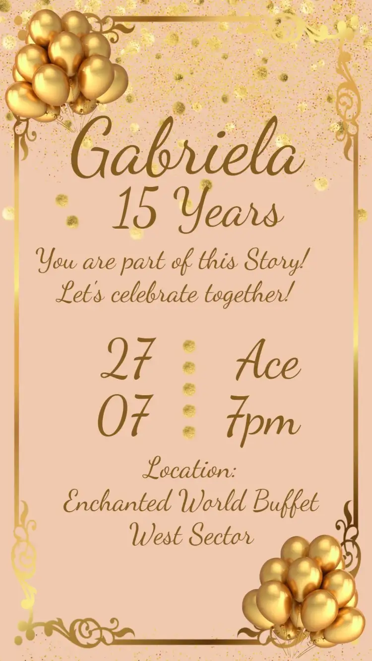 Invitation Golden 15 Years – Sweet 15 theme golden, pink, balloons, contemporary, elegant