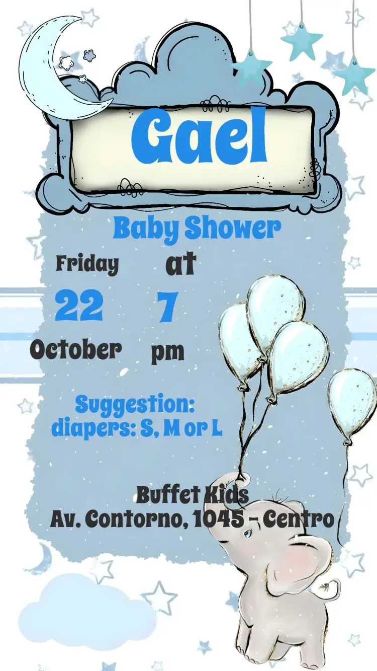 Invitation Baby Shower – Diaper Shower theme light blue, modern style, baby graphic elements, cute illustrations, minimalist design, playful touches