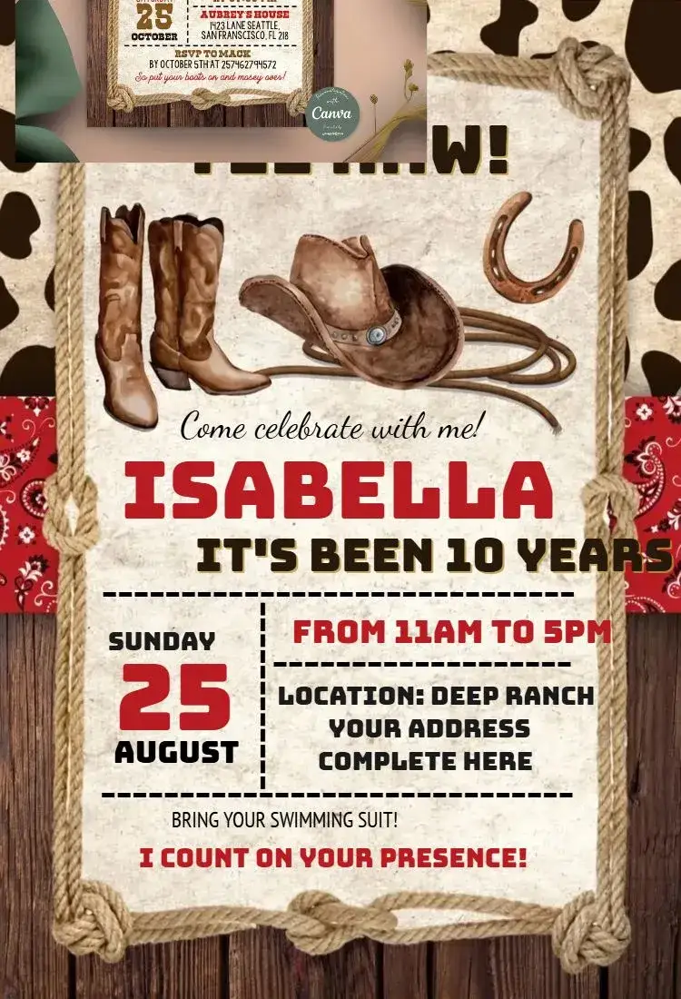 Invitation Cowboy 1 – Birthday theme western, vibrant, fun-filled, colorful, rustic, adventure