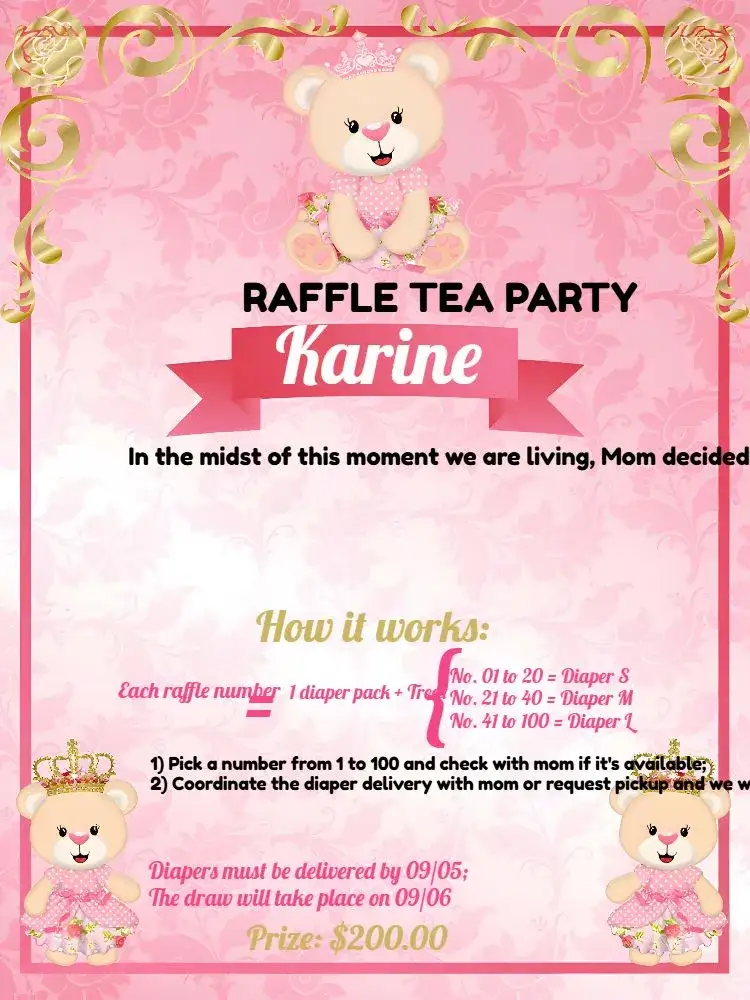 Invitation Tea Raffle Princess Teddy Bear Card – Raffle Tea theme pink, golden, white, cute, princess, childish