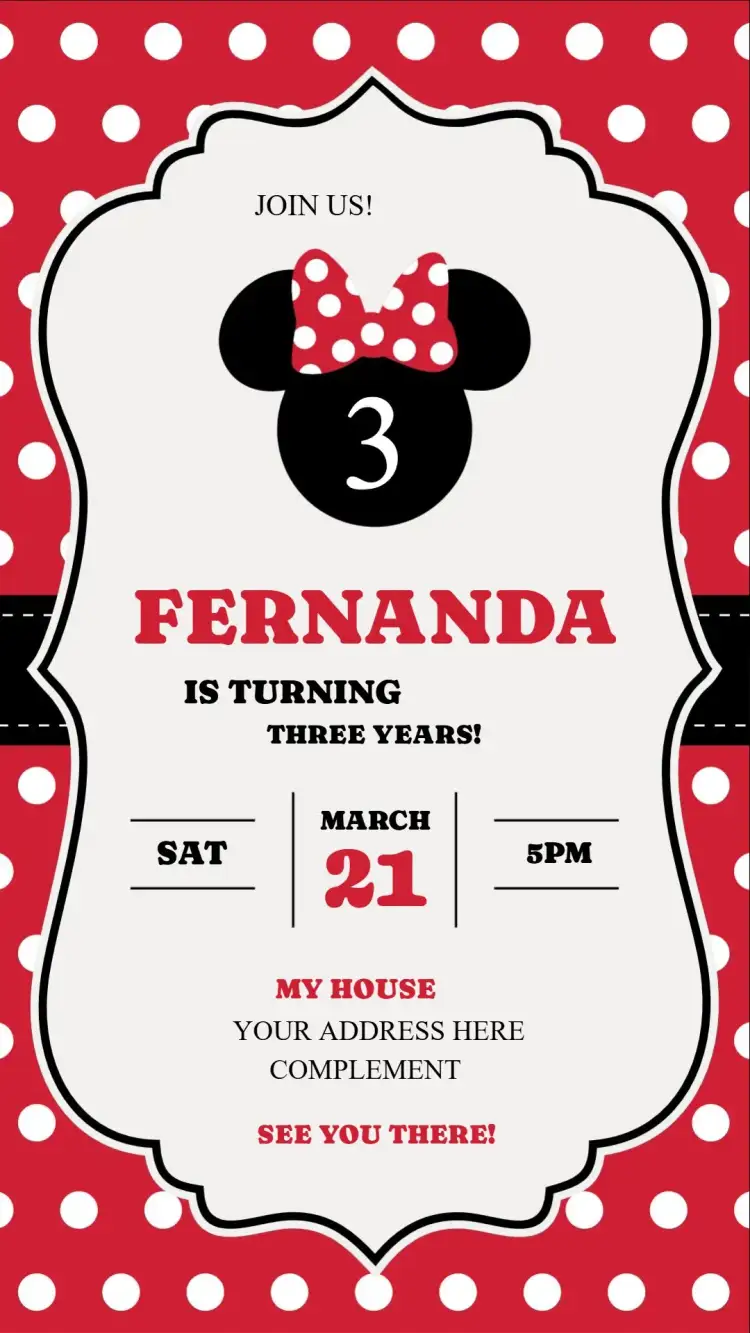 Invitation Minnie Mouse – Kids' Birthday Party theme red, pink, Disney, fun, childish, themed party