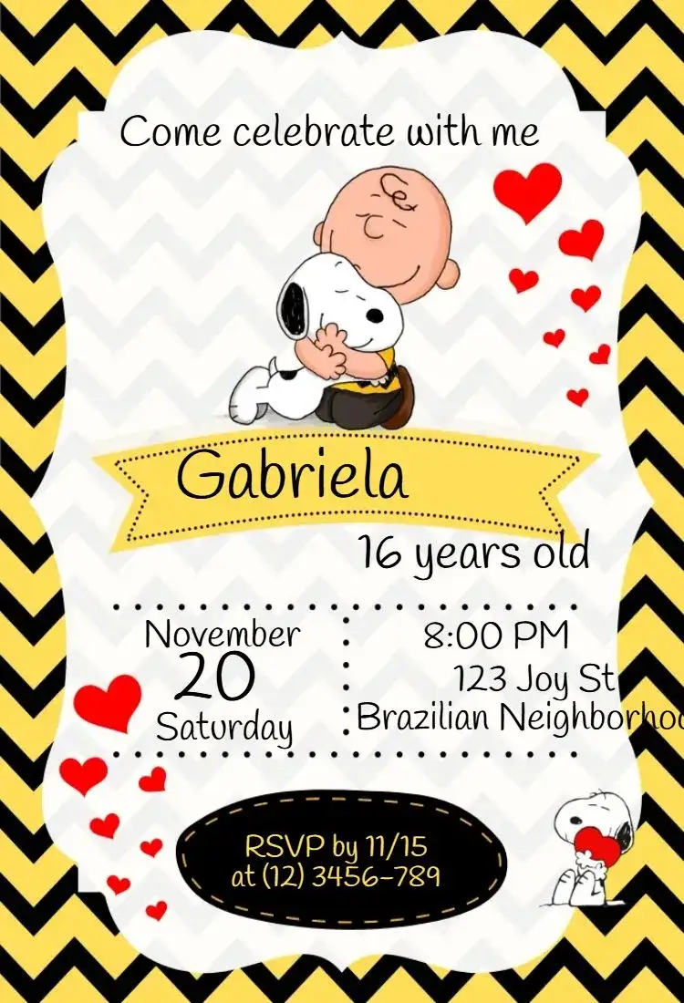 Invitation Snoopy and Charlie Brown – Kids' Birthday Party theme colorful, playful, fun, character illustrations, childlike style, Peanuts theme