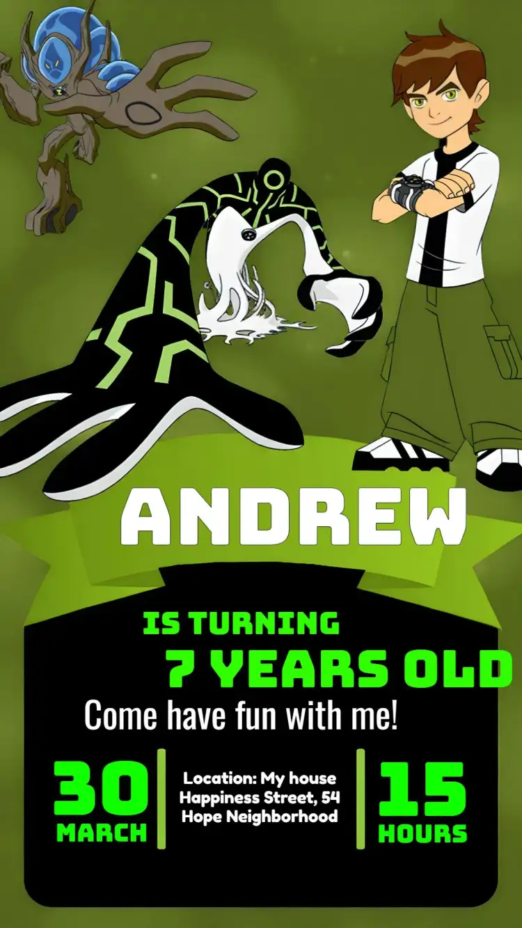 Invitation Ben 10 Kids – Kids' Birthday Party theme green, black, cartoon, adventure, modern