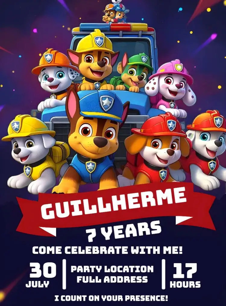 Invitation Paw Patrol Rubble – Kids' Birthday Party theme colorful, fun, themed, childlike, animals