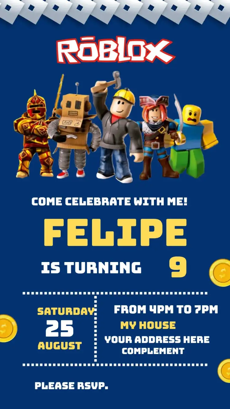 Invitation Roblox – Kids' Birthday Party theme vibrant blue, game theme, Roblox graphic elements, fun, modern, childish