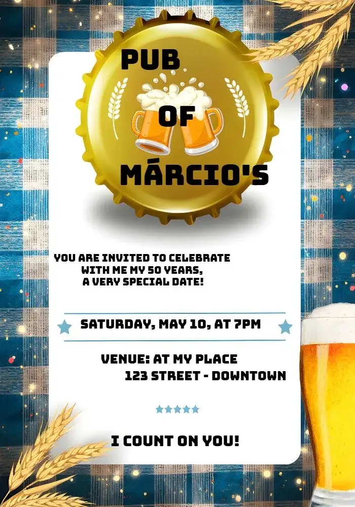 Invitation Boteco Tampinha – Birthday theme pub, colorful, checkered, fun, modern