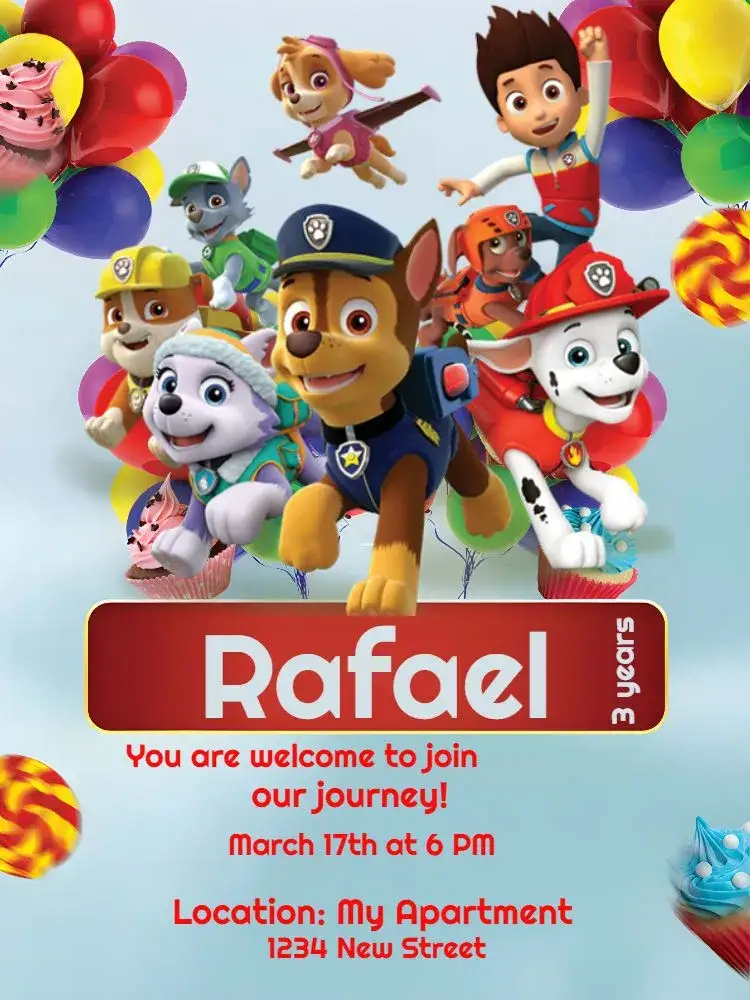 Invitation Digital Paw Patrol – Kids' Birthday Party theme fun, colorful, themed, childish, modern
