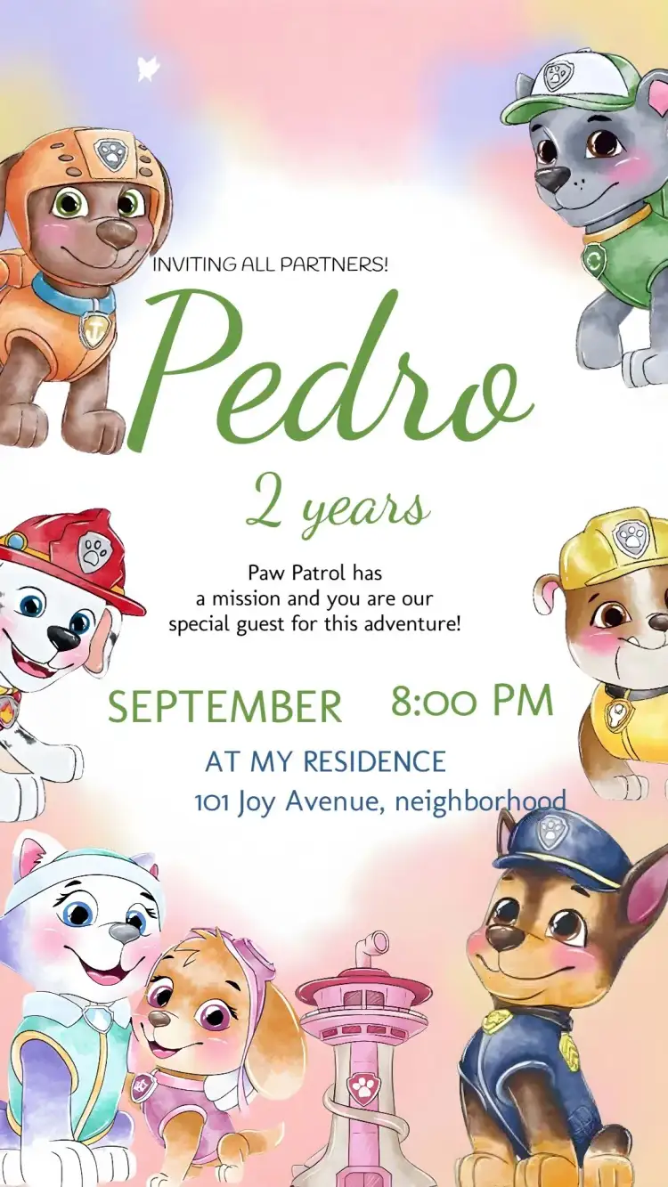 Invitation Paw Patrol – Kids' Birthday Party theme colorful, watercolor, themed, fun-filled, childlike, lively