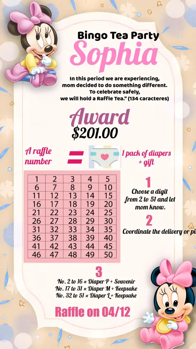 Invitation Minnie Mouse Baby Shower Diaper Raffle – Raffle Tea theme pink, golden, modern, childish, fun, themed