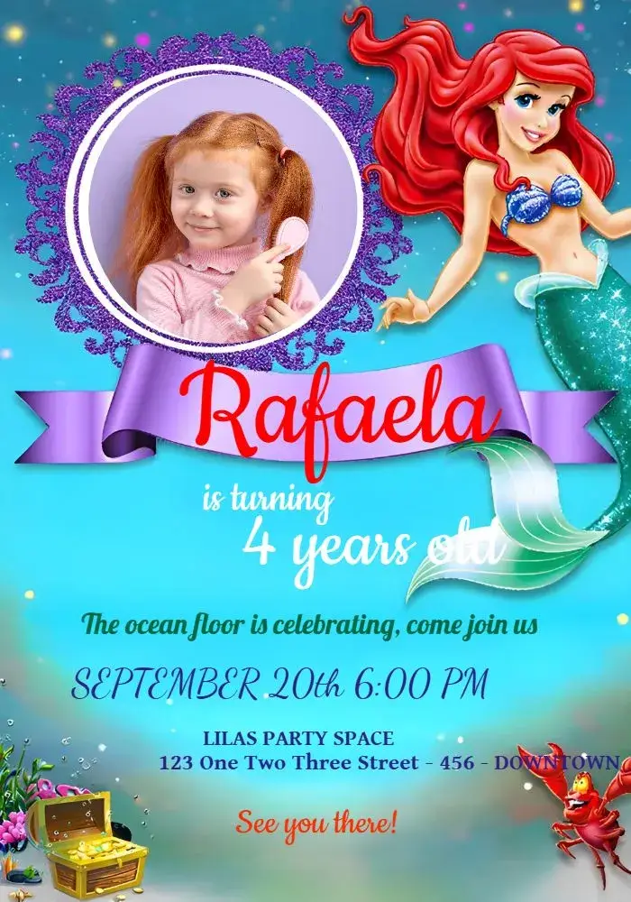 Ariel The Little Mermaid With Colorful Photo invitation