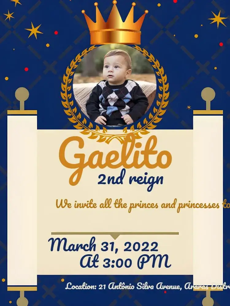 Invitation First Boy's Reign With Photo 1 – Commemorative Dates theme royalty, blue, golden, white, childish, modern