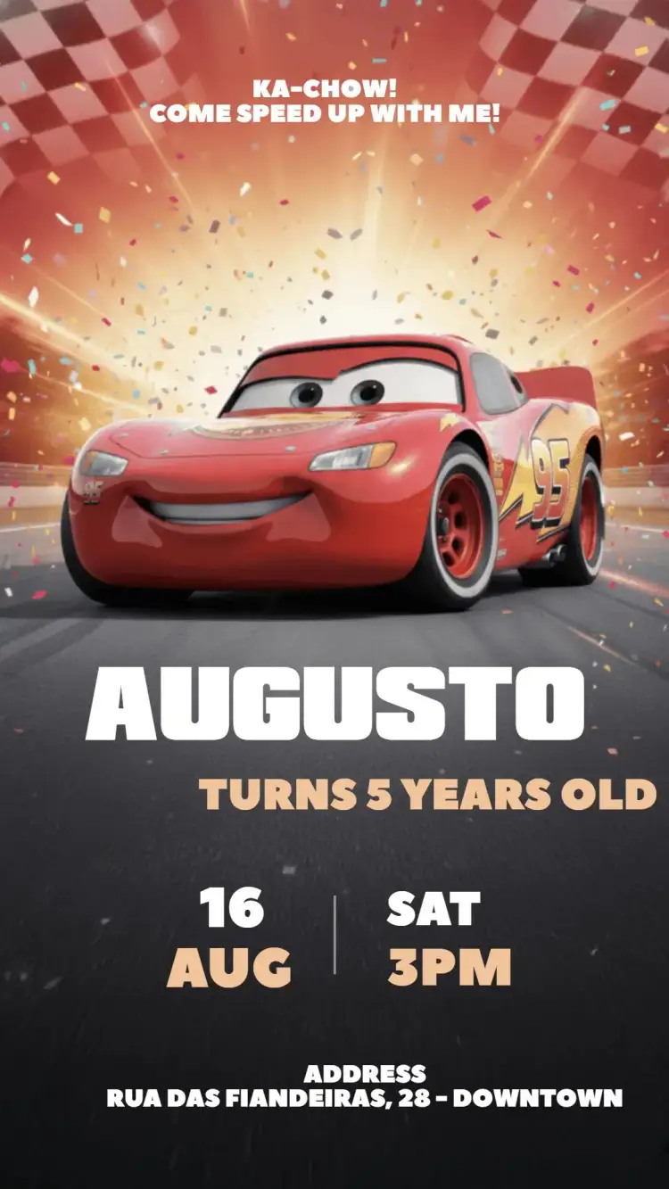 Invitation Lightning McQueen Cars Digital Invitation – Kids' Birthday Party theme vibrant red, cartoon style, racing elements, fun design, children's illustrations, colorful details