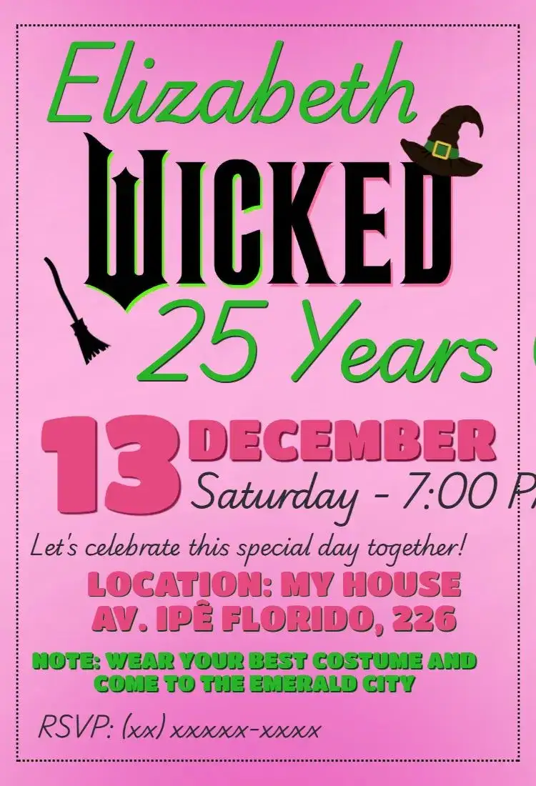 Invitation Wicked Elphaba and Glinda Pink Birthday – Birthday theme pink, green, musical theme, graphic elements from Oz, festive, fantasy