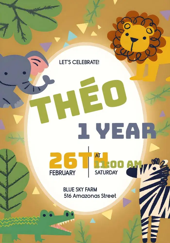 Invitation Safari Lion – Kids' Birthday Party theme animals, safari, colorful, fun-filled, tropical, childlike