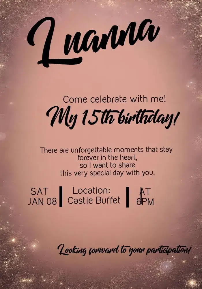 Invitation Glitter Years – Sweet 15 theme glitter, rosé, modern, elegant, feminine, sparkling