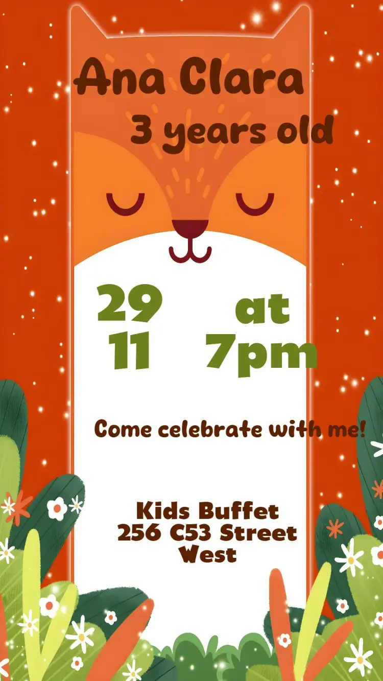 Invitation Little Fox – Kids' Birthday Party theme vibrant colors, playful, nature, animal, fun, childlike illustrations