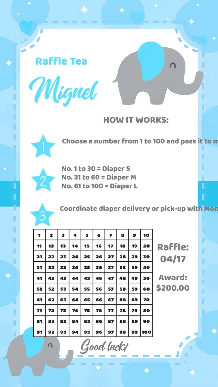 Invitation Elephant Diaper Raffle Tea – Raffle Tea theme blue, gold, white, elephant, fun, childlike