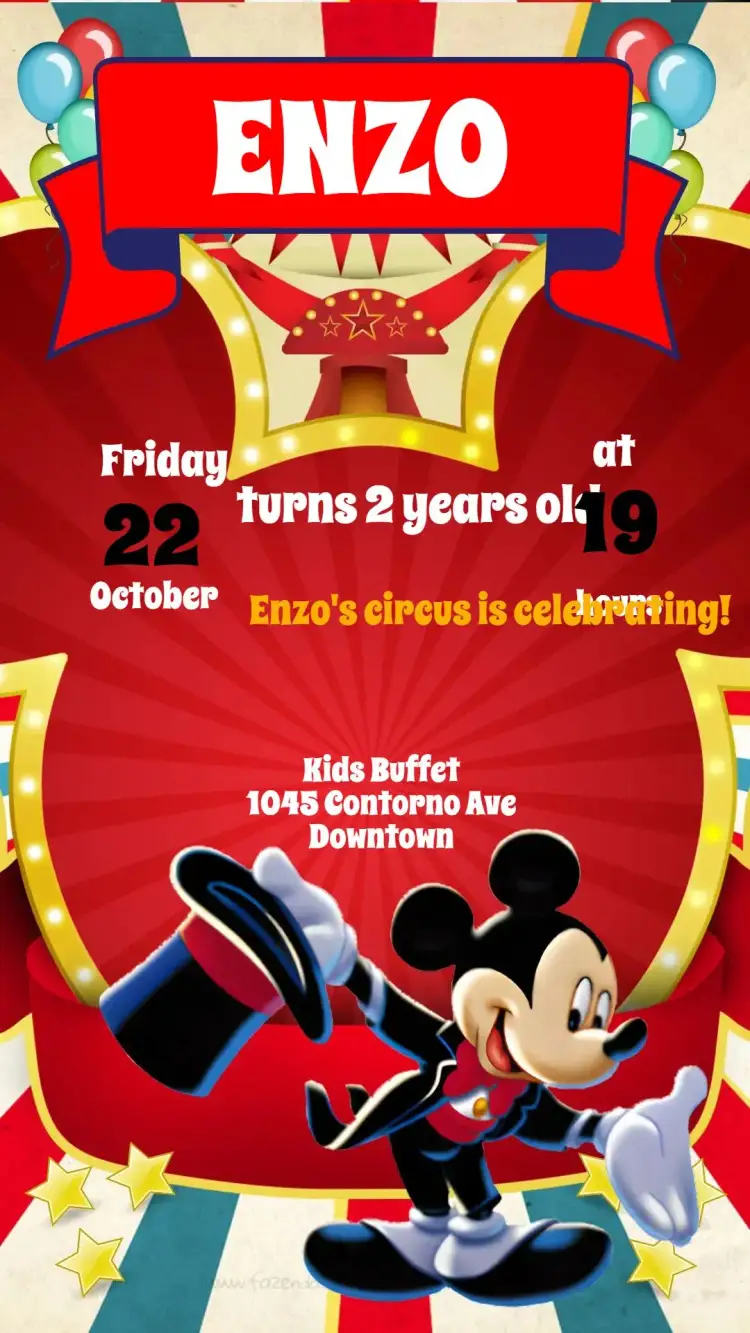 Invitation Mickey – Kids' Birthday Party theme colorful, fun, playful, circus-themed, vibrant