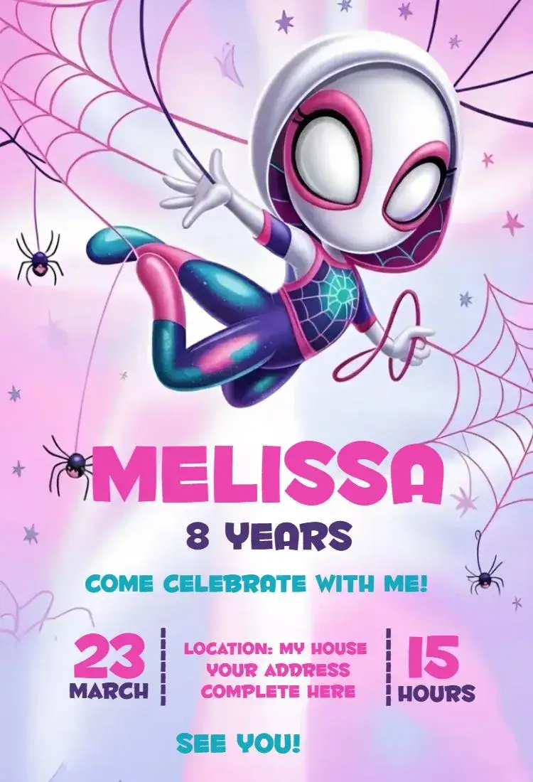 Invitation Gwen 1 – Birthday theme vibrant, modern, fun, superheroes, colorful