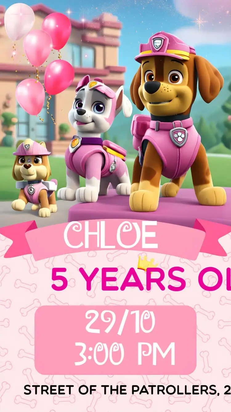 Invitation Paw Patrol Kids – Kids' Birthday Party theme pink, fun, childlike, playful, colorful, modern