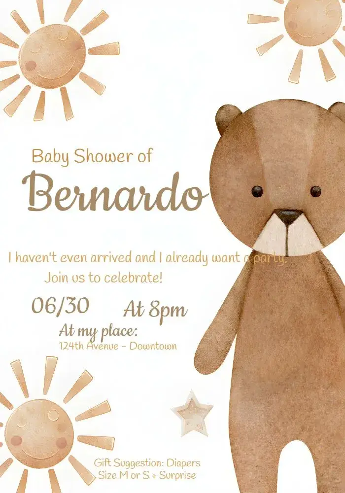 Beige Teddy Bear Diaper Tea Party invitation