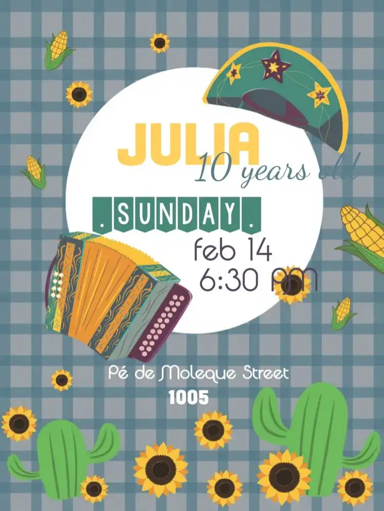 Invitation Northeastern Baião Jão – Commemorative Dates theme vibrant colors, country style, Northeastern graphic elements, cactus print, inspired by June festivals, cheerful and festive design