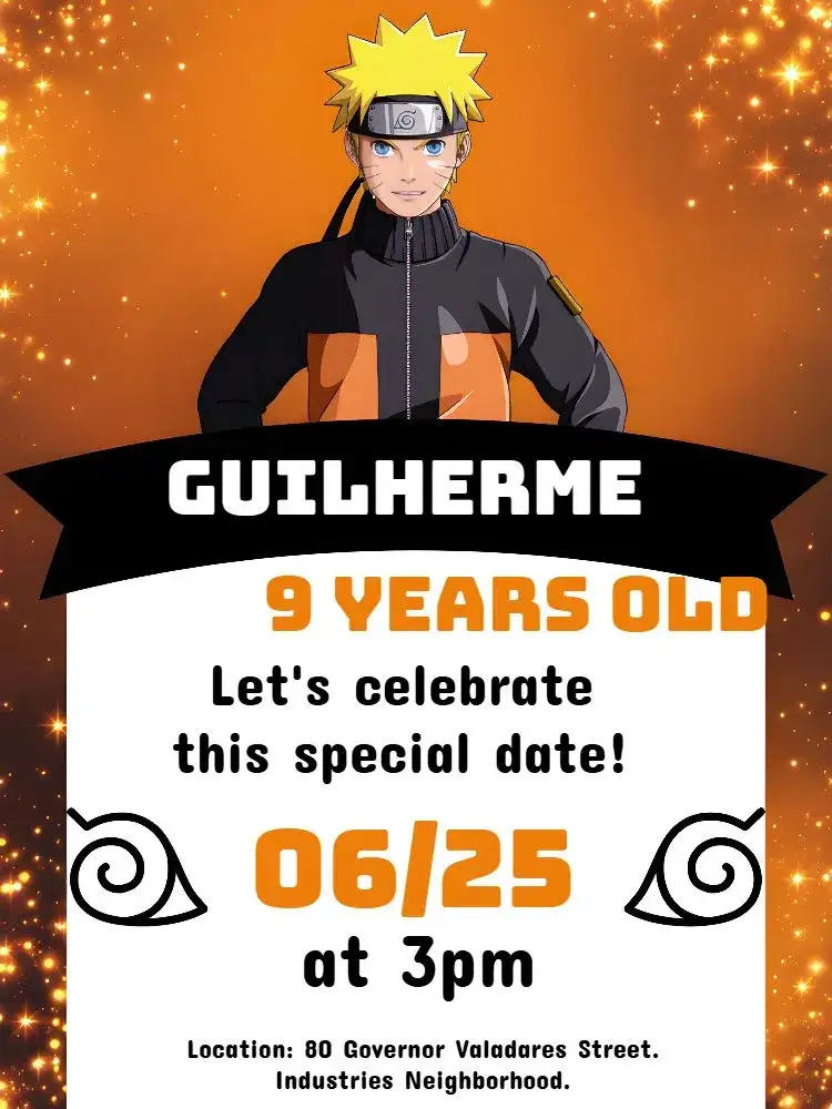 Invitation Orange Naruto – Kids' Birthday Party theme anime, orange and black, modern, fun, themed, cultural