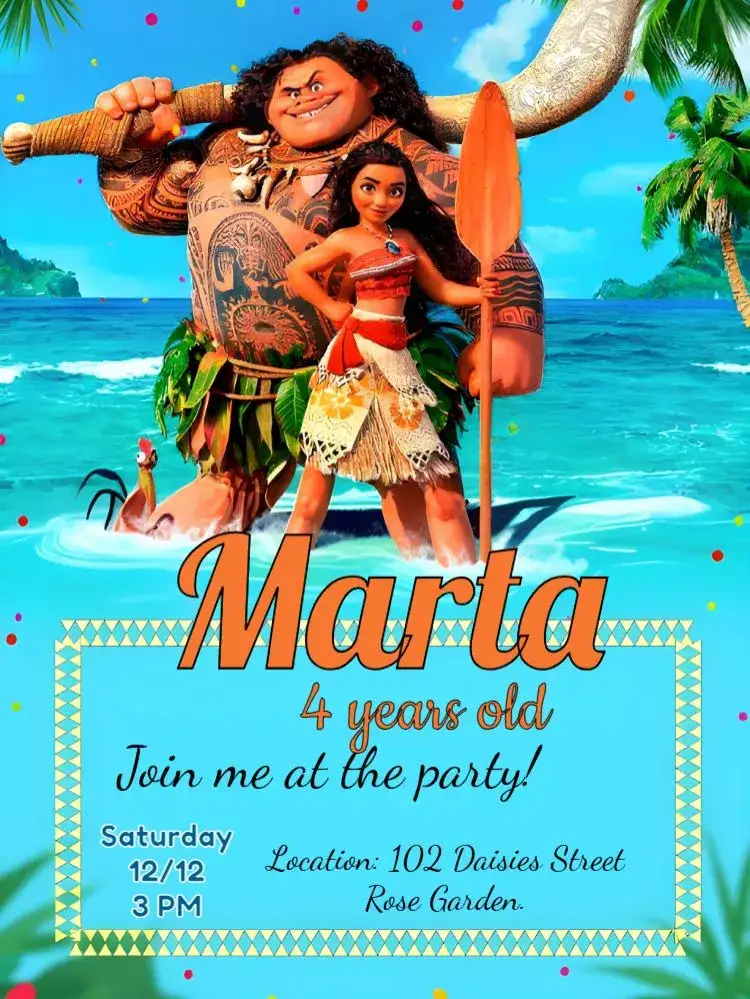 Invitation Moana Disney – Birthday theme blue, orange, white, marine, Disney-themed, adventure