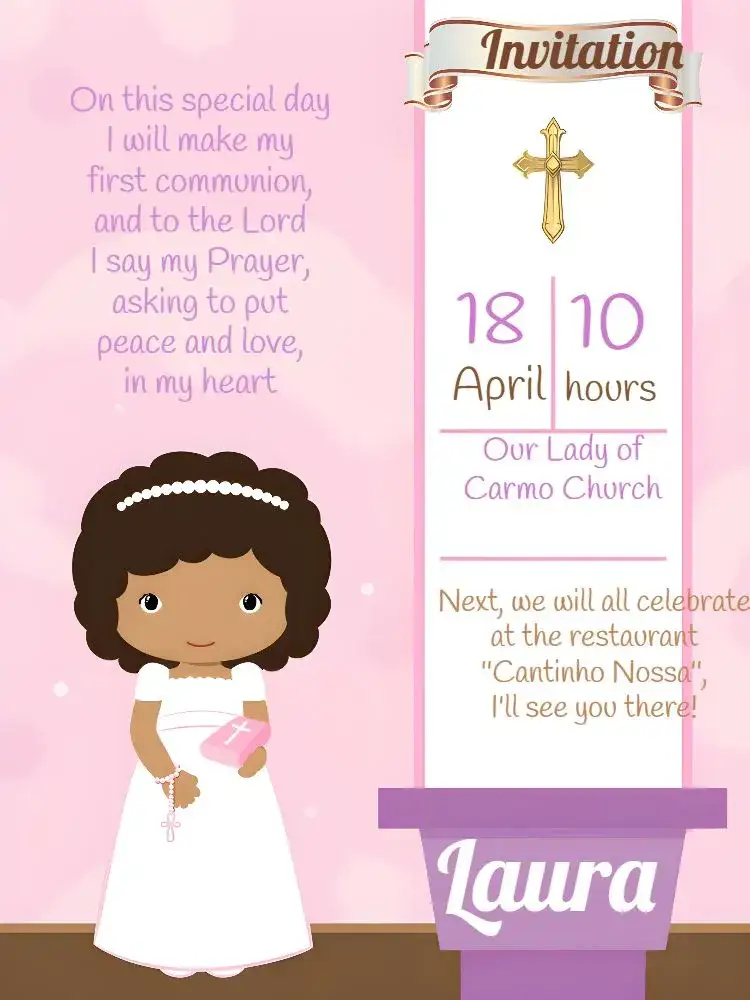 Invitation First Communion Gold – First Communion theme golden, pink, white, elegant, childish, religious