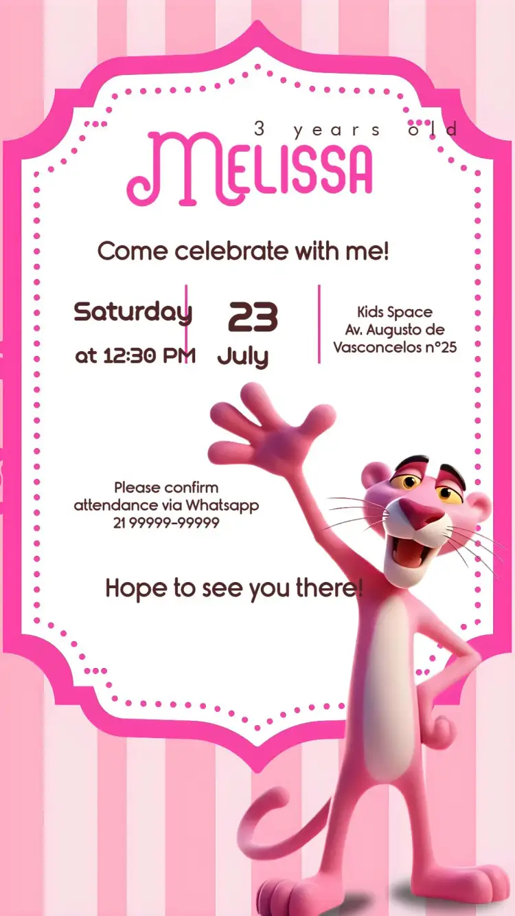 Invitation Pink Panther – Kids' Birthday Party theme pink, fun, themed, colorful, playful