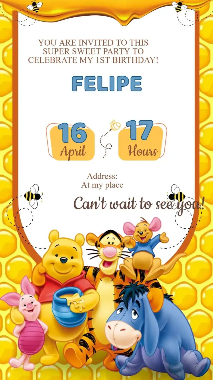 Invitation Winnie the Pooh Birthday Invitation – Kids' Birthday Party theme colorful, childlike, fun, illustrations, Disney-themed, soft