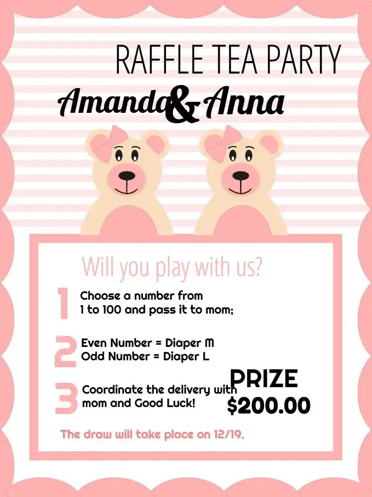 Invitation Twin Teddy Bear Tea Raffle – Raffle Tea theme pink and white, cute teddy bears, childlike style, adorable, fun, delicate
