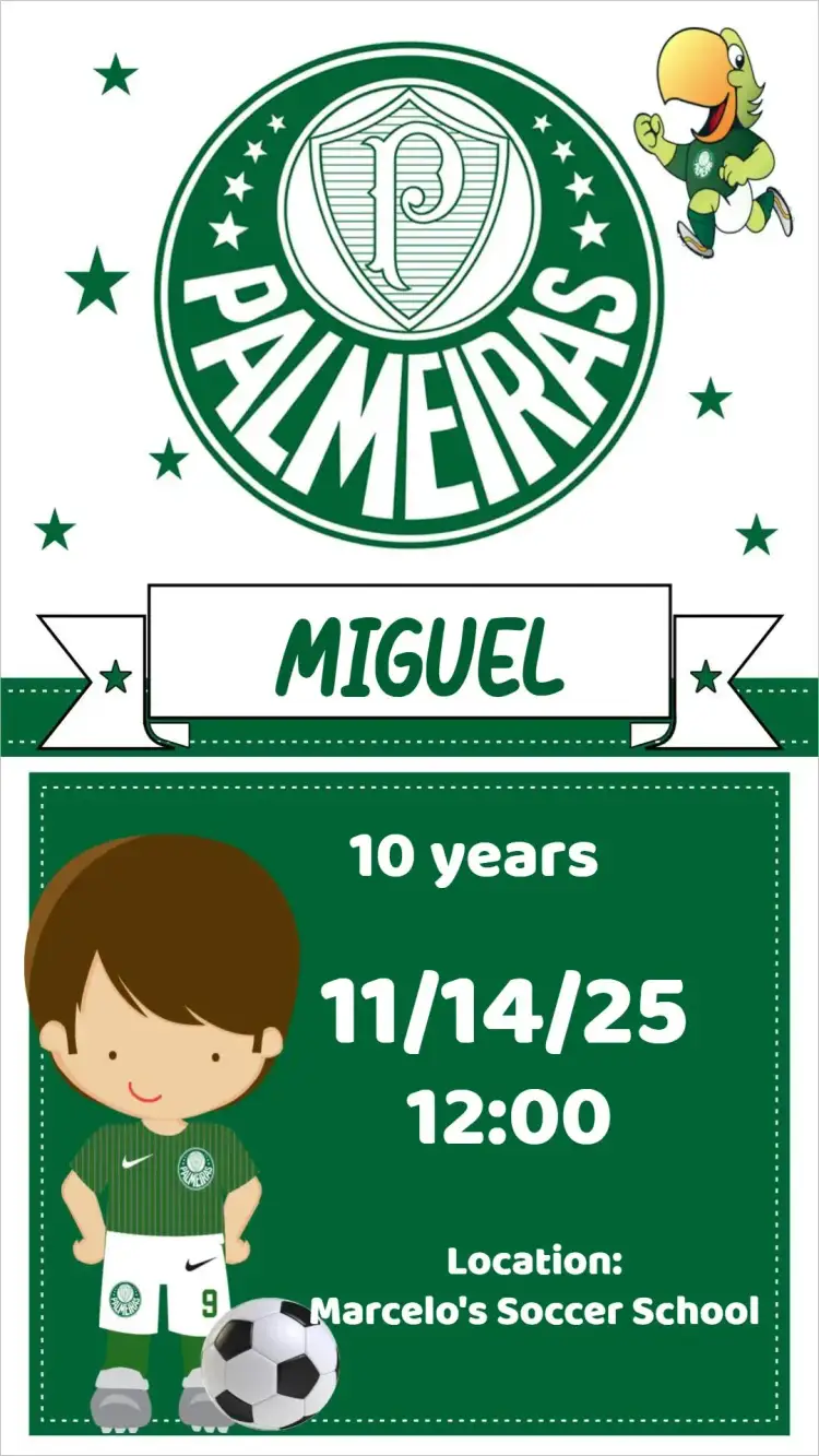 Invitation Palmeiras – Birthday theme green and white, soccer, modern, young, dynamic